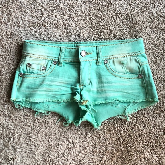 mint green denim shorts